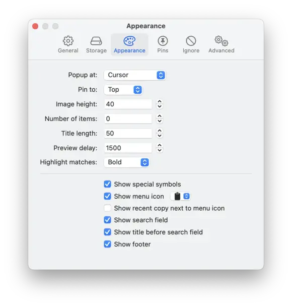 Screenshot of the settings window for the Maccy clipboard manager app